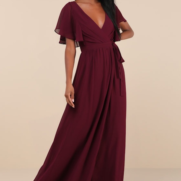 Lulus Dresses & Skirts - Lulus Convincing Grace Burgundy Flutter Sleeve Wrap Maxi Dress Red - Size M